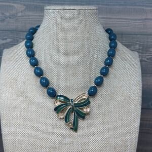 Vintage Signed Trifari Blue Beaded Gold Tone Enamel Bow Necklace